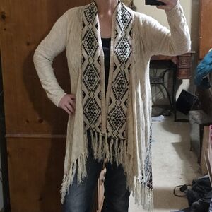 Hippie Rose Cream and Black Fringe Cozy Cardigan XL
